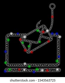 Bright mesh laptop mail phishing with glare effect. White wire frame triangular mesh in vector format on a black background. Abstract 2d mesh built from polygonal grid, small circle,