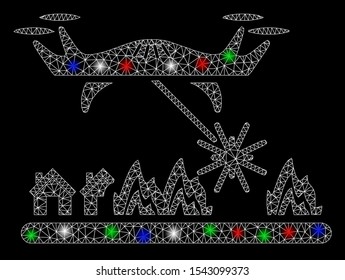 Bright mesh laser drone attacks village with glow effect. White wire frame polygonal network in vector format on a black background. Abstract 2d mesh designed with polygonal grid, dots,