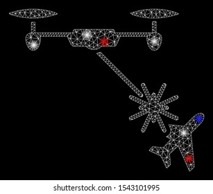 Bright mesh laser drone attacks airplane with lightspot effect. White wire carcass triangular mesh in vector format on a black background. Abstract 2d mesh created from triangular lines, small circle,