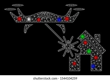 Bright mesh laser drone attacks house with glow effect. White wire carcass polygonal mesh in vector format on a black background. Abstract 2d mesh designed with triangles, dots, colorful light spots.