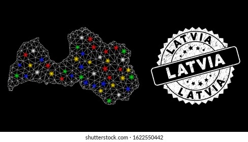 Bright mesh Latvia map with glare effect, and seal. Wire carcass triangular Latvia map mesh in vector format on a black background. White round seal stamp with corroded textures.