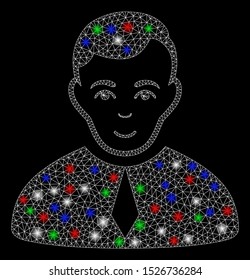 Bright mesh lawyer with glare effect. White wire frame triangular network in vector format on a black background. Abstract 2d mesh designed with triangular lines, round dots, colorful glare spots.