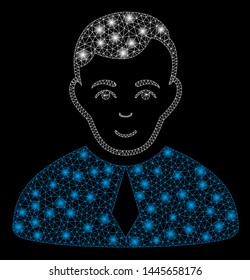 Bright mesh lawyer with glitter effect. Abstract illuminated model of lawyer icon. Shiny wire frame triangular mesh lawyer. Vector abstraction on a black background.