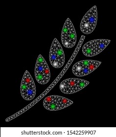 Bright mesh leaf branch with glare effect. White wire carcass triangular mesh in vector format on a black background. Abstract 2d mesh designed with polygonal grid, round dots, colorful glare spots.