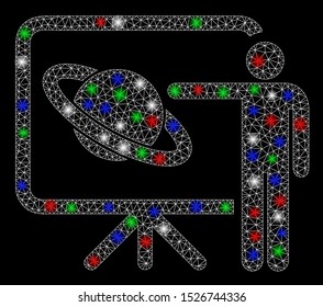 Bright mesh lecture with glare effect. White wire carcass triangular mesh in vector format on a black background. Abstract 2d mesh built from triangular lines, round dots, colored glare spots.