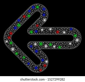 Bright mesh left arrow with glow effect. White wire frame polygonal mesh in vector format on a black background. Abstract 2d mesh designed with polygonal grid, dots, colored flare spots.