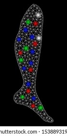 Bright mesh leg with glow effect. White wire carcass triangular mesh in vector format on a black background. Abstract 2d mesh designed with triangular lines, spheric points, colorful flash spots.