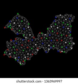 Bright mesh Leningrad Oblast map with glow effect. Wire carcass polygonal mesh in vector format on a black background. Abstract 2d mesh built from polygonal grid, points, colorful light spots.
