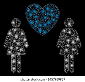 Bright mesh lesbi love pair with glare effect. Abstract illuminated model of lesbi love pair icon. Shiny wire carcass triangular network lesbi love pair. Vector abstraction on a black background.