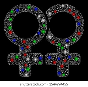 Bright mesh lesbi pair with glow effect. White wire carcass triangular mesh in vector format on a black background. Abstract 2d mesh designed with triangular lines, spheric points,