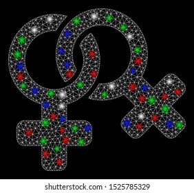 Bright mesh lesbi symbol with lightspot effect. White wire frame triangular network in vector format on a black background. Abstract 2d mesh designed with triangular lines, dots, colored flash spots.