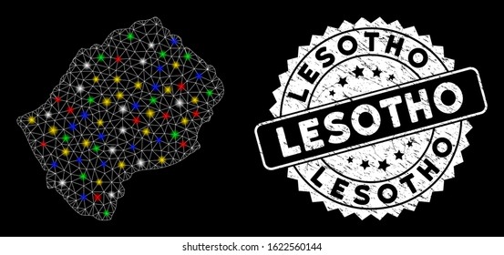 Bright mesh Lesotho map with glow effect, and seal stamp. Wire carcass polygonal Lesotho map mesh in vector format on a black background. White round rubber stamp with scratched surface.