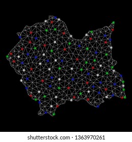 Bright mesh Lesser Poland Voivodeship map with lightspot effect. Wire frame triangular mesh in vector format on a black background. Abstract 2d mesh designed with triangular lines, round dots,