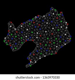 Bright mesh Liaoning Province map with glare effect. Wire carcass triangular mesh in vector format on a black background. Abstract 2d mesh designed with triangles, round dots, colorful flare spots.