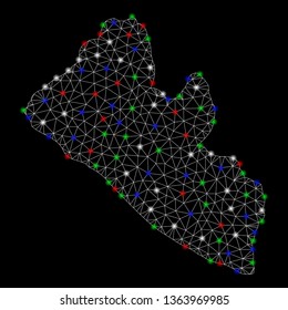 Bright mesh Liberia map with glow effect. Wire carcass polygonal network in vector format on a black background. Abstract 2d mesh designed with polygonal grid, dots, colored glare spots.