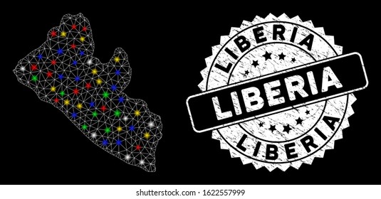 Bright mesh Liberia map with lightspot effect, and seal. Wire frame polygonal Liberia map mesh in vector format on a black background. White round rubber stamp with rubber surface.