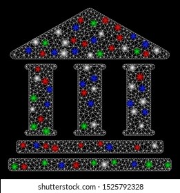 Bright mesh library building with glow effect. White wire carcass triangular mesh in vector format on a black background. Abstract 2d mesh designed with triangular lines, spheric points,