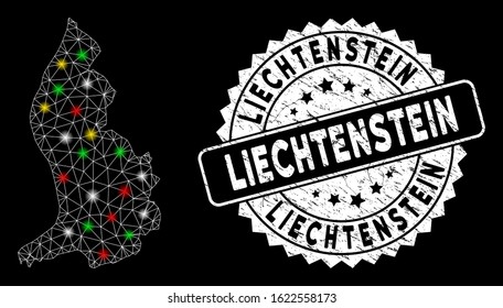 Bright mesh Liechtenstein map with glare effect, and seal stamp. Wire frame polygonal Liechtenstein map mesh in vector format on a black background. White round seal stamp with corroded texture.