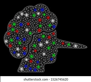 Bright mesh lier with glow effect. White wire frame polygonal mesh in vector format on a black background. Abstract 2d mesh designed with triangles, points, colorful flare spots.