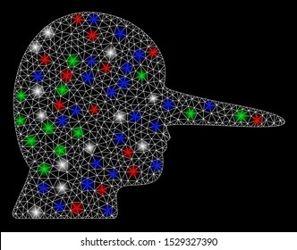 Bright mesh lier with glow effect. White wire frame polygonal mesh in vector format on a black background. Abstract 2d mesh built from polygonal grid, round dots, colored light spots.