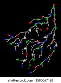 Bright mesh lightning with glow effect. White wire frame polygonal mesh in vector format on a black background. Abstract 2d mesh designed with polygonal grid, dots, colorful flare spots.