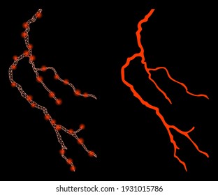 Bright mesh lightning with glow effect. Abstract illuminated model based on lightning icon. Shiny wire frame triangular mesh lightning. Vector abstraction on a black background.