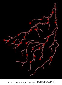 Bright mesh lightning with sparkle effect. Abstract illuminated model of lightning icon. Shiny wire carcass triangular mesh lightning. Vector abstraction on a black background.