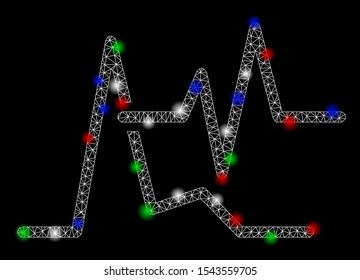 Bright mesh line graphs with glow effect. White wire frame polygonal mesh in vector format on a black background. Abstract 2d mesh designed with polygonal grid, small circle, colored glare spots.