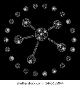 Bright mesh links diagram with glare effect. Abstract illuminated model of links diagram icon. Shiny wire carcass triangular mesh links diagram. Vector abstraction on a black background.