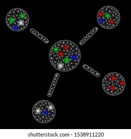 Bright mesh links with glare effect. White wire frame triangular network in vector format on a black background. Abstract 2d mesh designed with triangular lines, round dots, colored glare spots.