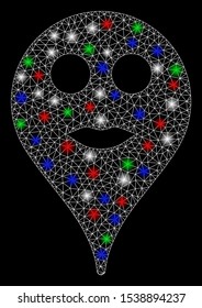 Bright mesh lips smiley map marker with glare effect. White wire carcass polygonal mesh in vector format on a black background. Abstract 2d mesh designed with polygonal grid, dots,