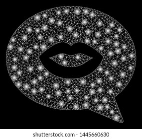 Bright mesh lips smiley message with sparkle effect. Abstract illuminated model of lips smiley message icon. Shiny wire carcass polygonal mesh lips smiley message.