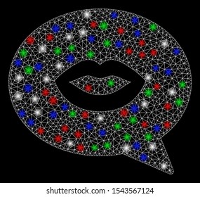 Bright mesh lips smiley message with glare effect. White wire frame polygonal mesh in vector format on a black background. Abstract 2d mesh designed with polygonal grid, dots, colorful glare spots.
