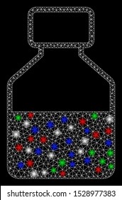 Bright mesh liquid bottle with lightspot effect. White wire carcass triangular mesh in vector format on a black background. Abstract 2d mesh designed with triangular lines, small circle,