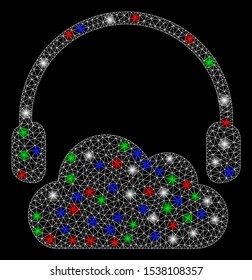 Bright mesh listen cloud with glare effect. White wire frame polygonal mesh in vector format on a black background. Abstract 2d mesh designed with triangular lines, dots, colored glare spots.