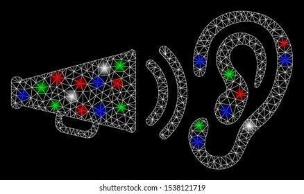 Bright mesh listen megaphone news with glare effect. White wire carcass triangular mesh in vector format on a black background. Abstract 2d mesh built from triangular lines, points,