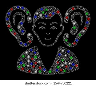 Bright mesh listener with lightspot effect. White wire frame polygonal mesh in vector format on a black background. Abstract 2d mesh designed with polygonal grid, small circle, colorful glare spots.