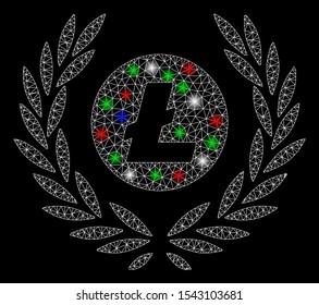 Bright mesh Litecoin coin laurel wreath with glow effect. White wire frame triangular network in vector format on a black background. Abstract 2d mesh designed with triangular lines, dots,