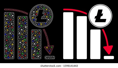 Bright mesh Litecoin falling acceleration chart icon with glare effect. Abstract illuminated model of Litecoin falling acceleration chart.