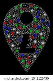 Bright mesh Litecoin map marker with glow effect. White wire frame polygonal mesh in vector format on a black background. Abstract 2d mesh designed with polygonal grid, round dots,