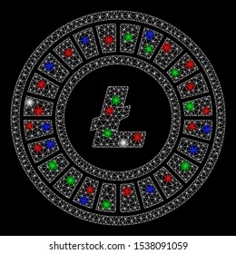 Bright mesh Litecoin roulette with glare effect. White wire frame polygonal mesh in vector format on a black background. Abstract 2d mesh designed with polygonal grid, spheric points,