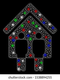 Bright mesh living persons with lightspot effect. White wire carcass triangular mesh in vector format on a black background. Abstract 2d mesh designed with triangles, small circle,