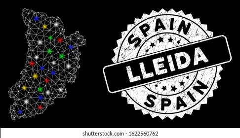 Bright mesh Lleida Province map with glare effect, and watermark. Wire frame polygonal Lleida Province map mesh in vector format on a black background. White round rubber seal with dirty surface.