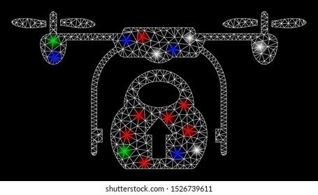 Bright mesh load cargo drone with glow effect. White wire carcass triangular mesh in vector format on a black background. Abstract 2d mesh designed with triangular lines, spheric points,