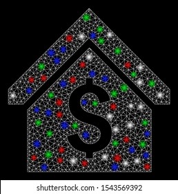 Bright mesh loan mortgage with lightspot effect. White wire carcass polygonal mesh in vector format on a black background. Abstract 2d mesh designed with polygonal grid, points, colorful glare spots.