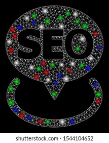 Bright mesh local seo with glare effect. White wire frame polygonal mesh in vector format on a black background. Abstract 2d mesh designed with triangular lines, spheric points, colored light spots.
