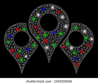 Bright mesh locations with glare effect. White wire frame polygonal network in vector format on a black background. Abstract 2d mesh designed with polygonal grid, round dots, colorful glare spots.