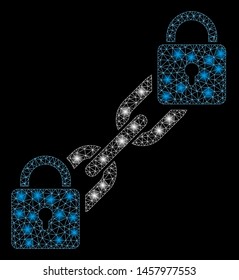 Bright mesh lock blockchain with lightspot effect. Abstract illuminated model of lock blockchain icon. Shiny wire carcass polygonal mesh lock blockchain. Vector abstraction on a black background.
