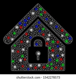 Bright mesh lock building with glow effect. White wire frame polygonal network in vector format on a black background. Abstract 2d mesh designed with polygonal grid, round dots, colorful flash spots.