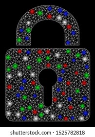 Bright mesh lock with lightspot effect. White wire carcass polygonal mesh in vector format on a black background. Abstract 2d mesh designed with polygonal grid, dots, colorful light spots.